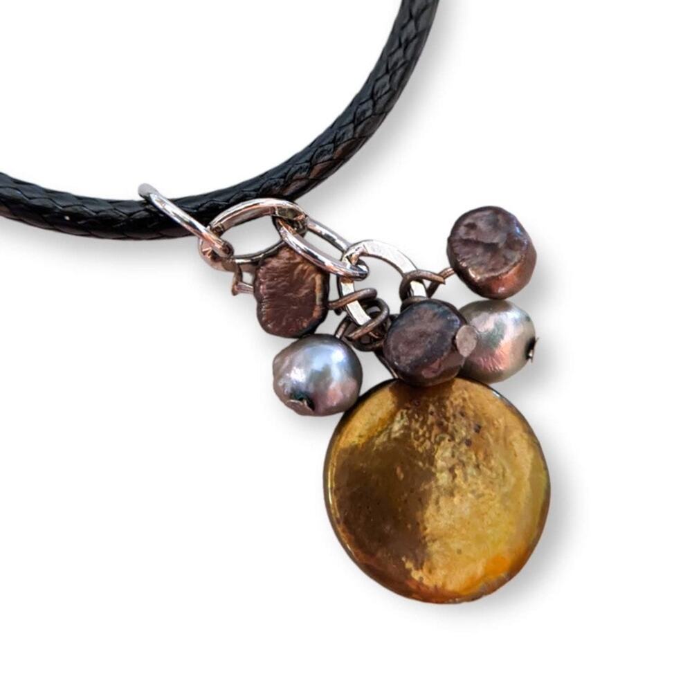 Dragonskin Olive Green / Gold Coin pearl cluster pendant necklace